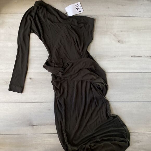 Zara One Arm Asymmetrical Longsleeve long‎ Dress Black XS Nwt - Picture 7 of 8